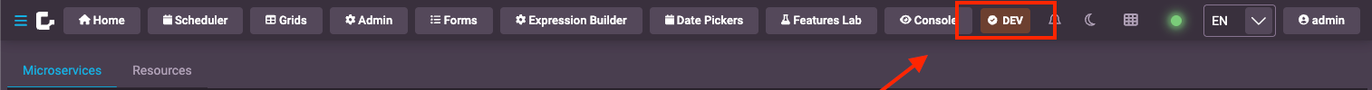 Header with DEV environment indicator