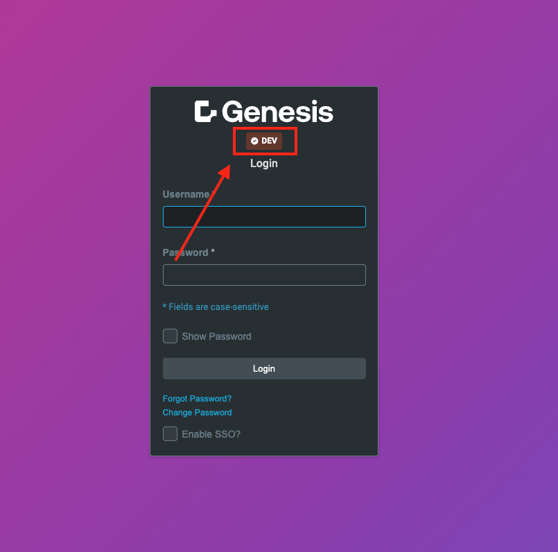 Login screen with DEV environment indicator