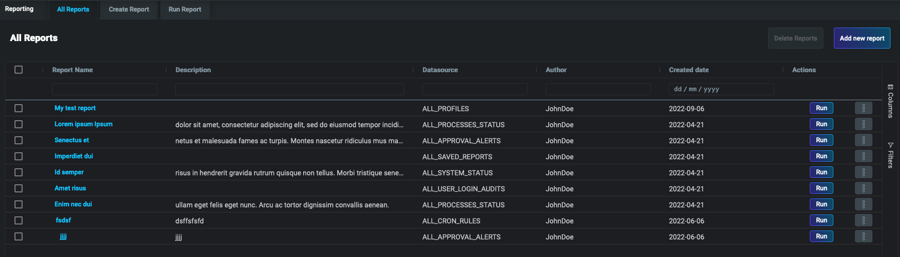 Example showing the list of all generated reports