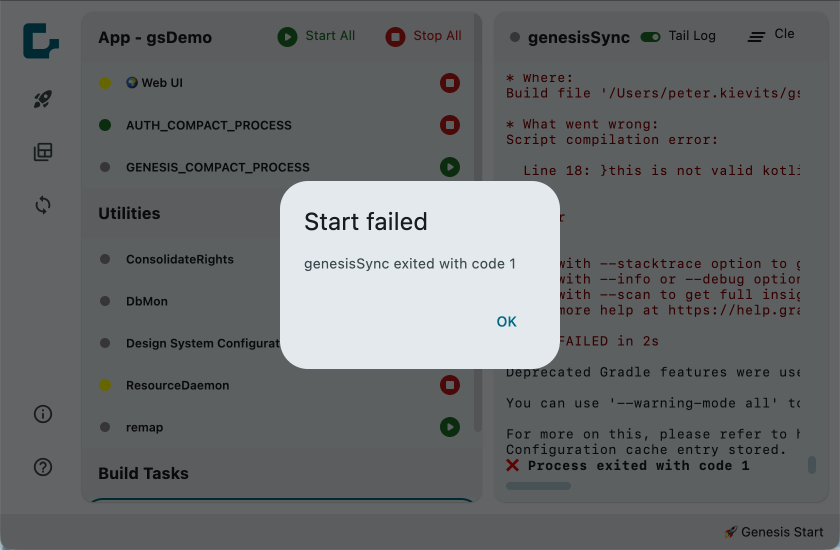 Start failed dialog