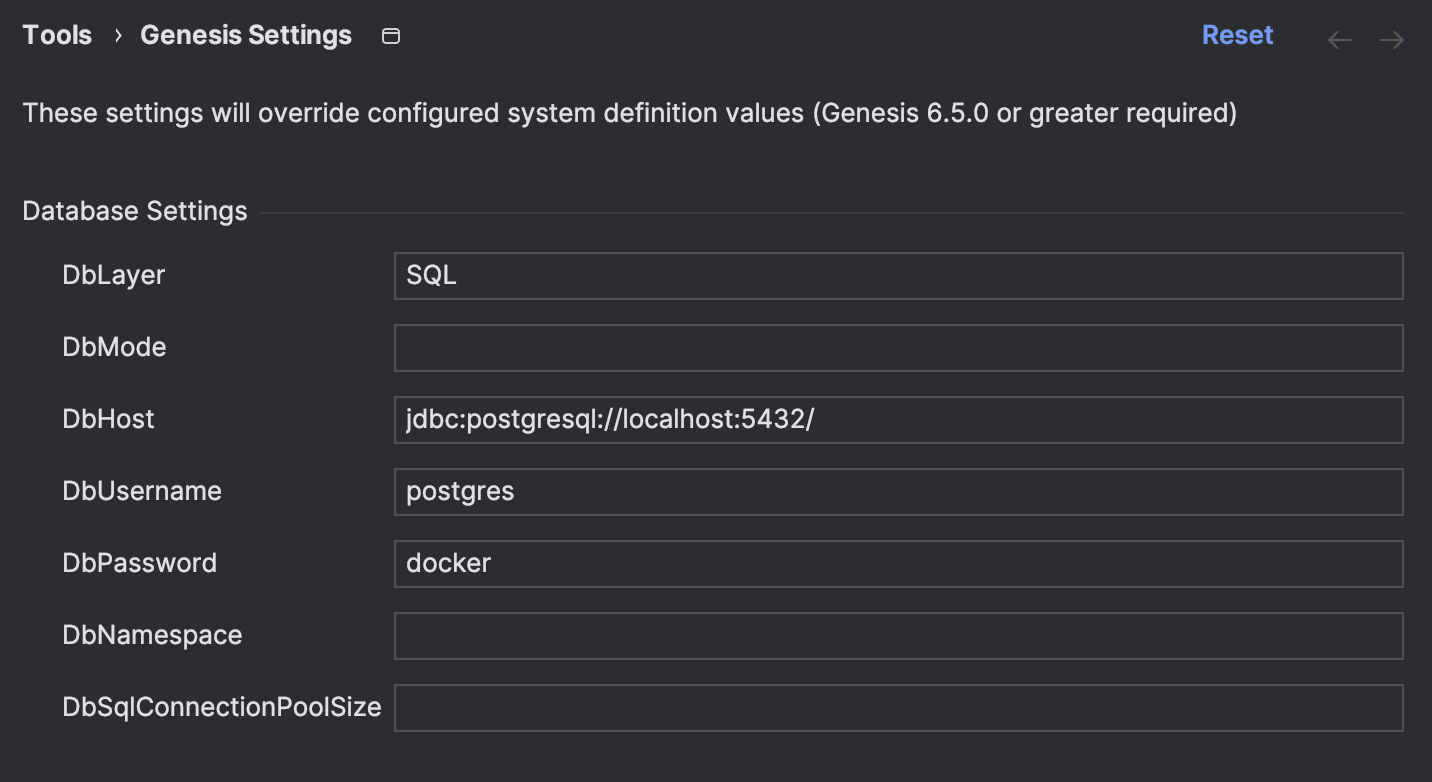 Genesis Settings with Postgres